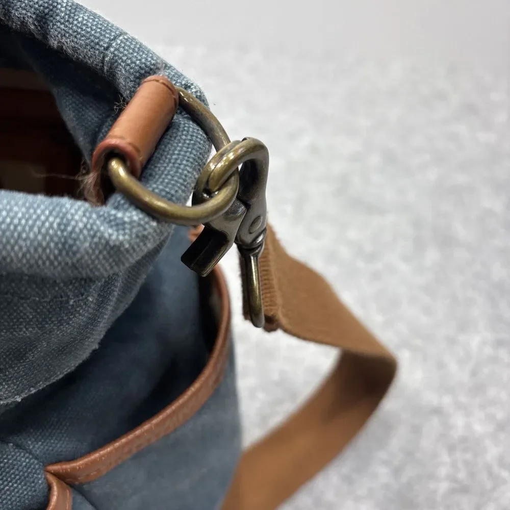 Levenger Bloomsbury Blue Canvas Book Tote Crossbody Bag Leather Trim retro boho